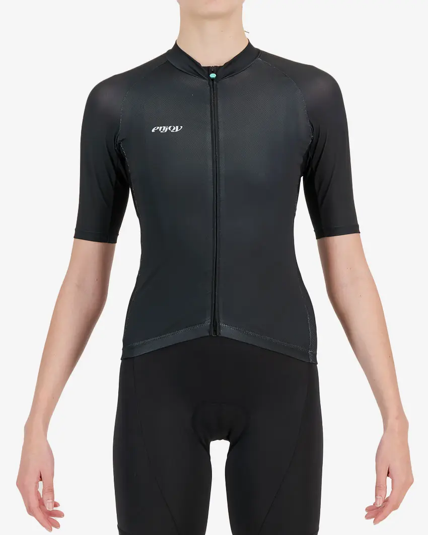 Front view of the mens black Supremium cycling jersey design made by Enjoy.cc