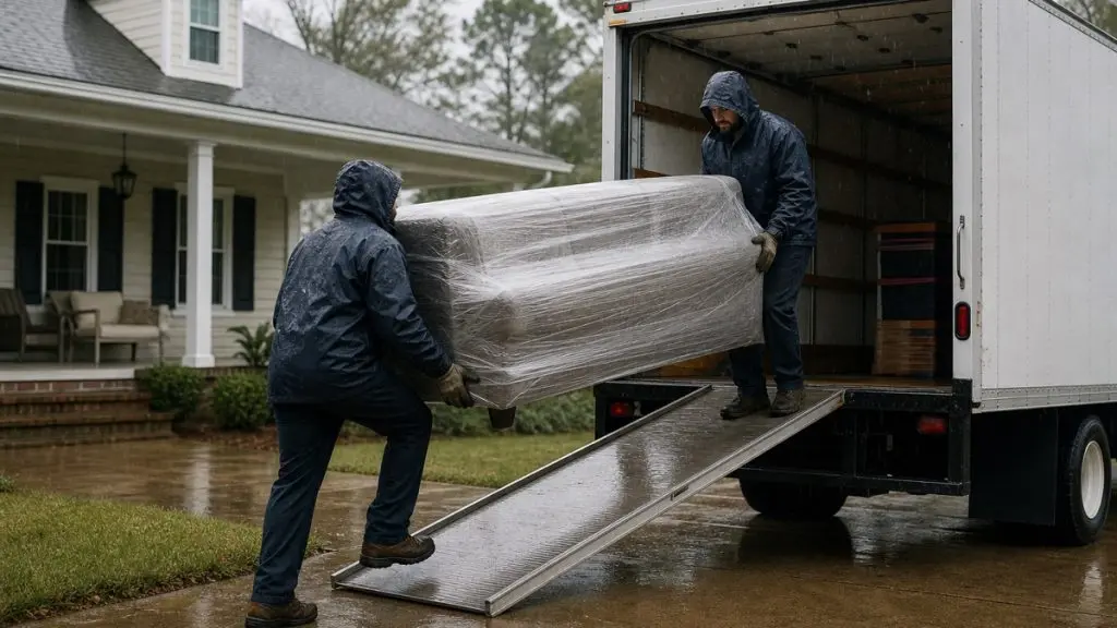 Two movers carrying a plastic wrapped sofa up a truck ramp on a gray, rainy afternoon in a suburban driveway
