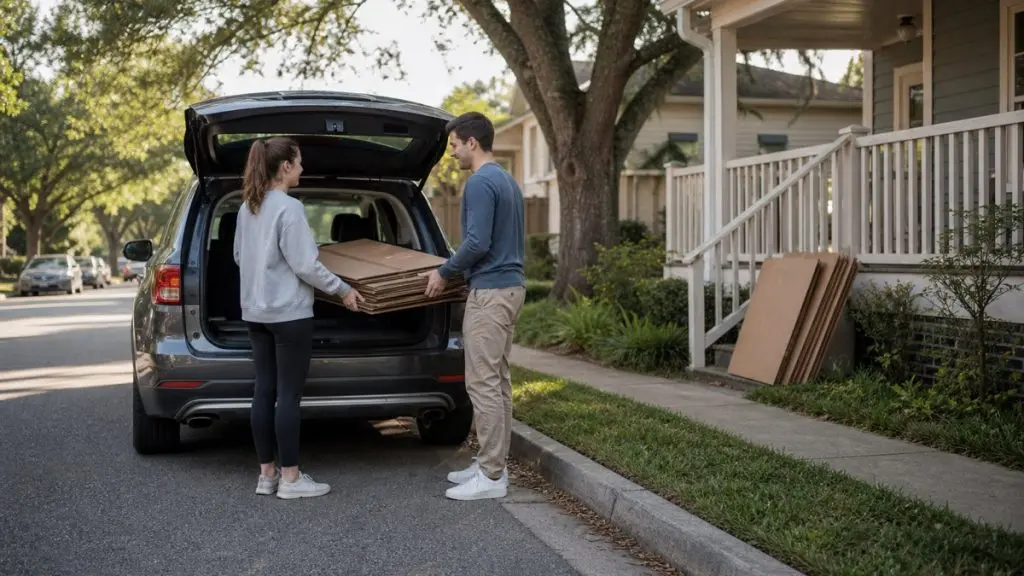 Where to Get Free Moving Boxes (and Which Ones to Leave Behind) 4 Young couple loading flattened cardboard boxes into the back of an SUV after learning where to get free moving boxes in their neighborhood