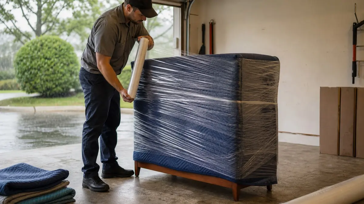 Mover sealing a wooden dresser in stretch wrap inside a garage, a practical example of how to move furniture during bad weather