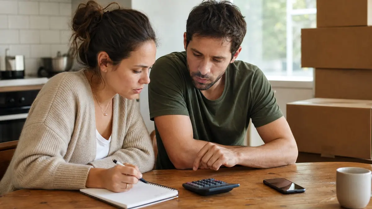 Couple at a kitchen table with a calculator and notepad working out how much do movers cost for their three bedroom move