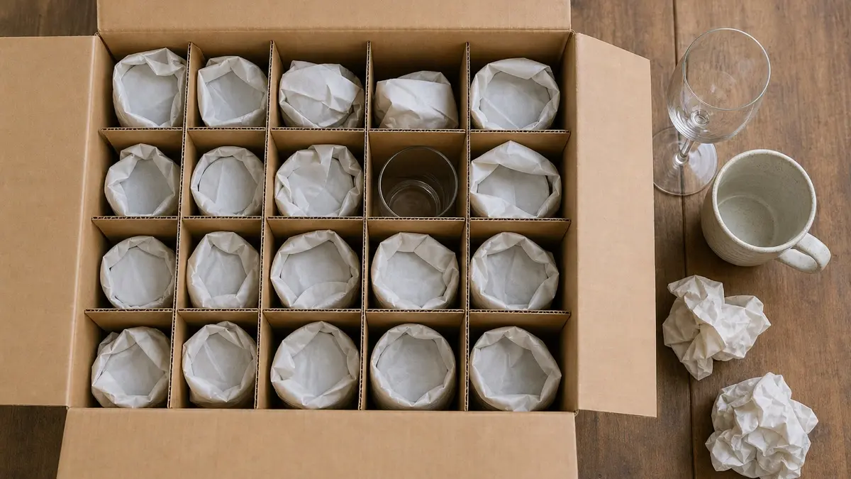 How to Pack Dishes for Moving So Plates and Glasses Arrive Whole 2 How to pack dishes for moving shown with wine glasses and mugs wrapped in white paper inside cardboard cell dividers