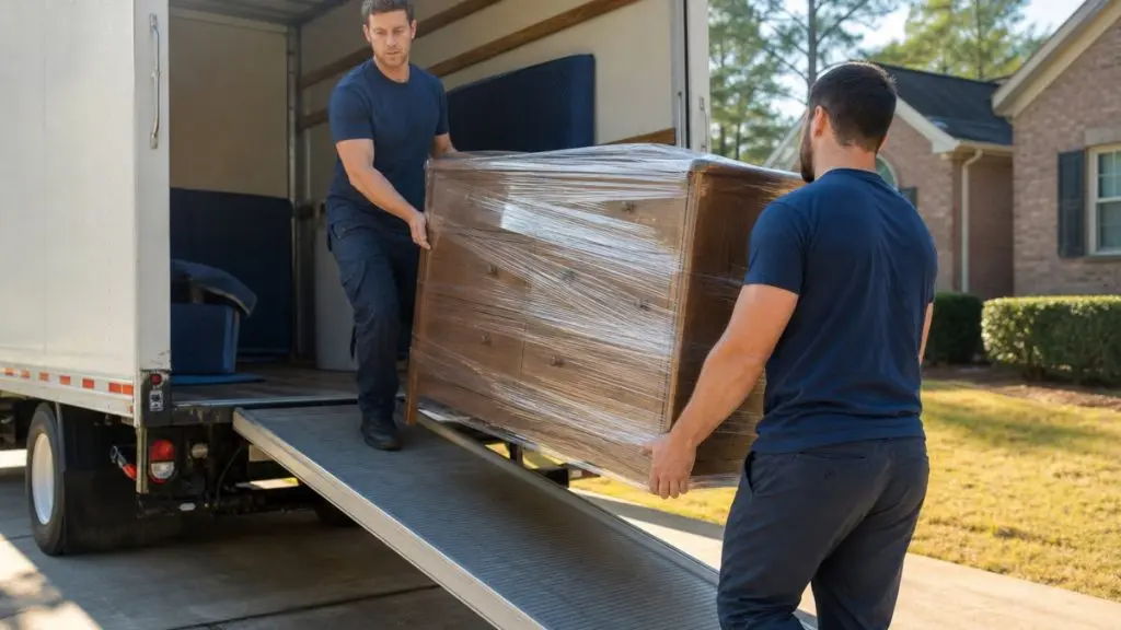 Two movers carrying a shrink wrapped dresser up a ramp into a 16 foot moving truck parked in a sloped Alabama driveway