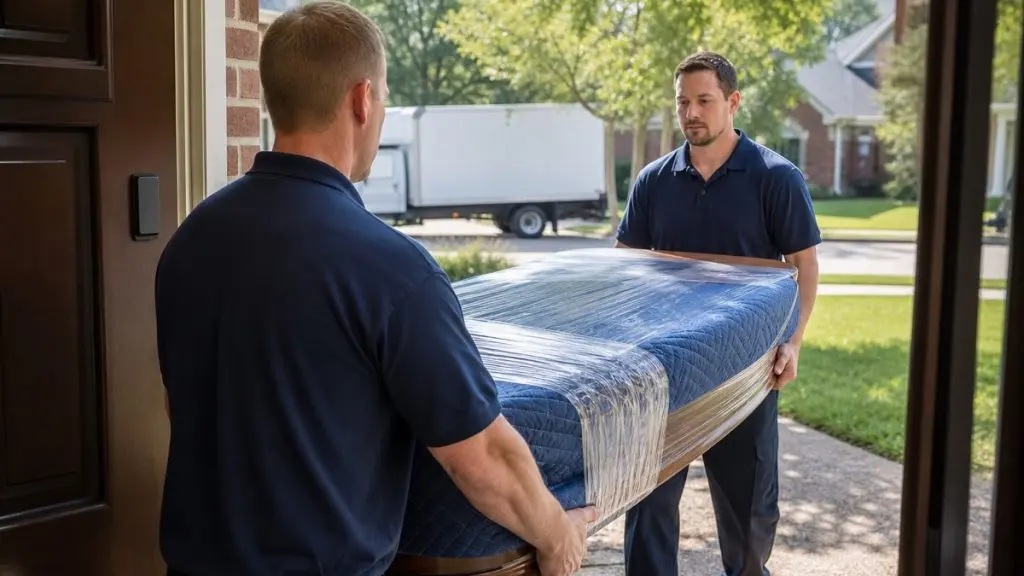 Two movers carrying a blanket wrapped wooden dining tabletop through the front door of a brick home