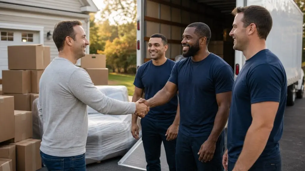 Homeowner shaking hands with a moving crew beside a box truck after deciding how much to tip movers