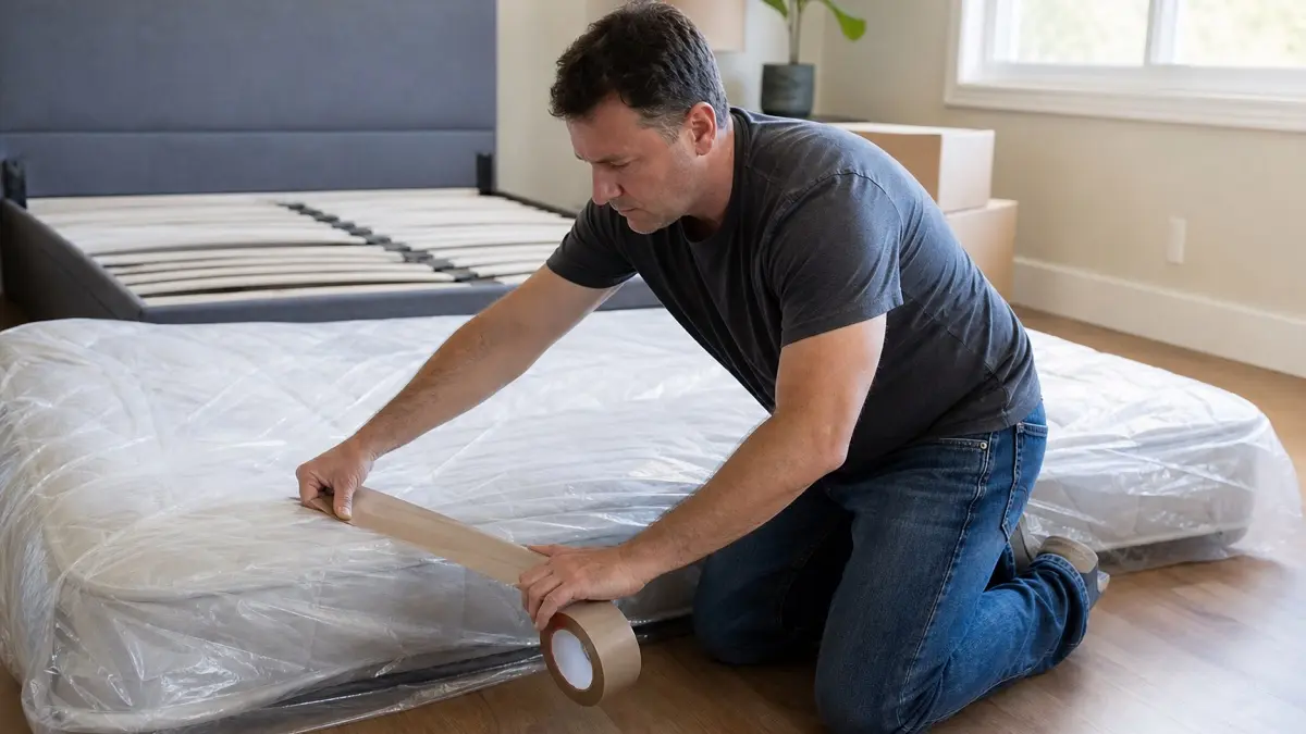 How to Dispose of a Mattress in Alabama: Options Ranked by Effort and Cost 2 Homeowner wrapping a mattress in plastic and sealing it with tape while learning how to dispose of a mattress before a move