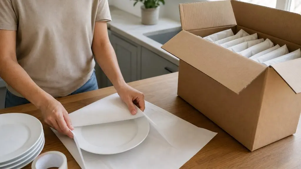 How to Pack Dishes for Moving So Plates and Glasses Arrive Whole 4 Person wrapping a white dinner plate in plain packing paper at a kitchen counter beside an open moving box