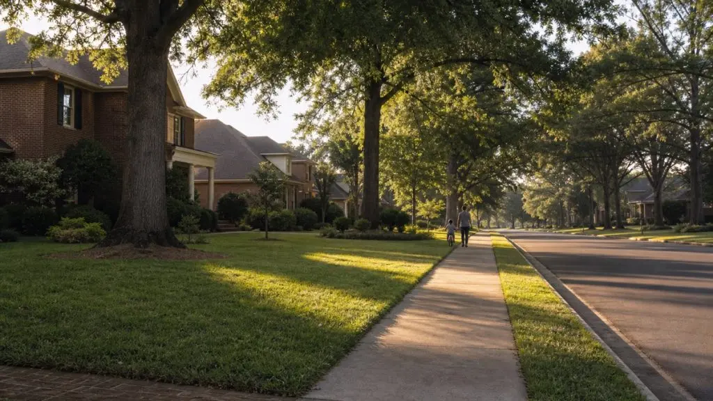 Best Places to Live in Alabama: What the 2026 Rankings Show 3 Tree lined suburban street with brick homes and wide front lawns in central Alabama on a sunny afternoon