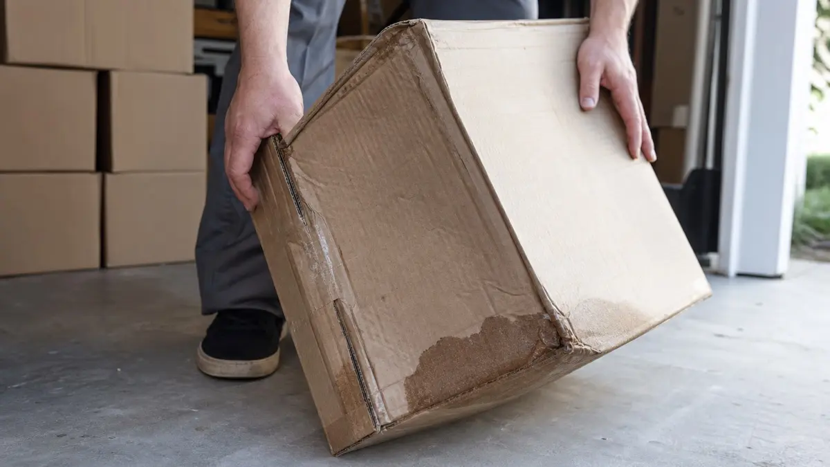 Where to Get Free Moving Boxes (and Which Ones to Leave Behind) 2 Hands inspecting a used cardboard box with a water stained bottom and crushed corner on a garage floor