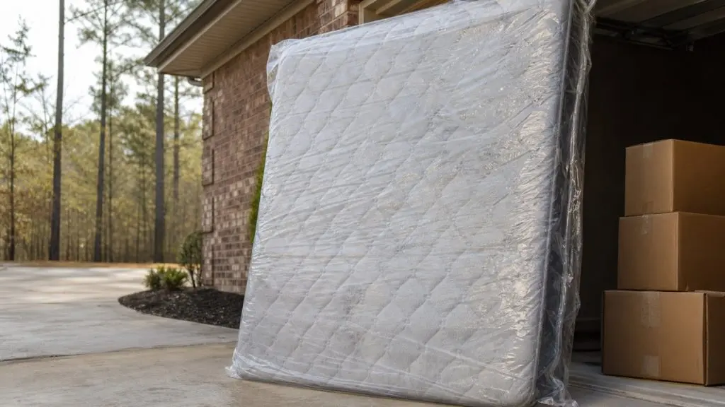 Old queen mattress sealed in clear plastic leaning against the garage wall of a brick home in central Alabama on moving day