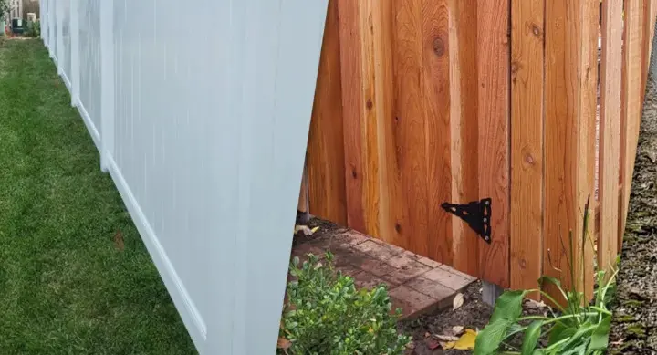Side-by-side comparison of a low-maintenance white vinyl privacy fence versus a classic wood privacy fence for residential yards.