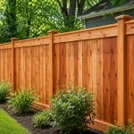 Durable vertical cedar wood privacy fence installation with mulch landscaping installed in a Southern Wisconsin property yard.