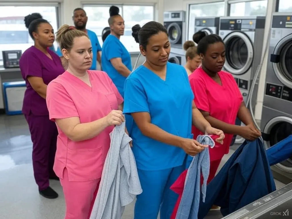 How To Find The Scrubs You Love: Expert Tips For Every Body Type 23 Nurses washing their scrubs in a laundromat