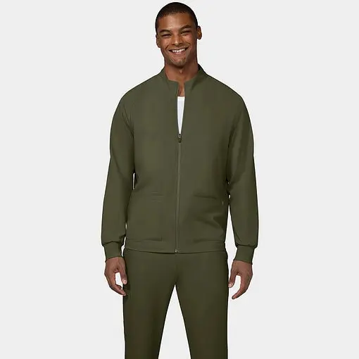 Cureology alpha mens jacket c401 in olive green — men's scrub jacket model photo