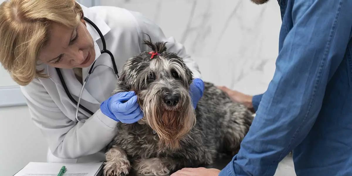 Female veterinarian examine ear of senior fluffy dog during health screening exam at medical clinic with owner present.