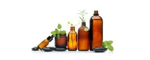 Amber bottles and fresh herbs representing holistic and complementary pet wellness care.