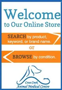 Promotional sign for Cross Creek Animal Medical Centre online store with search and browse options.