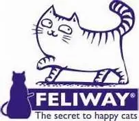 Feliway brand logo featuring a playful line-drawn cat, purple silhouette, and the tagline "The secret to happy cats."
