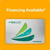Vibrant yellow promotional banner displaying "Financing Available*" above a silver CareCredit card graphic.
