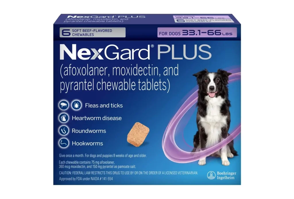 A NexGard Plus package for dogs features soft beef-flavored chewable tablets, a dog image, and parasite prevention icons.