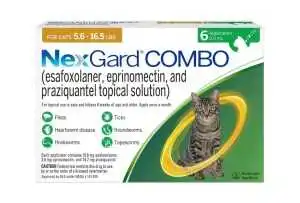 Packaging box for NexGard Combo topical solution for cats weighing 5.6 to 16.5 lbs, featuring an image of a tabby cat and pest prevention icons.