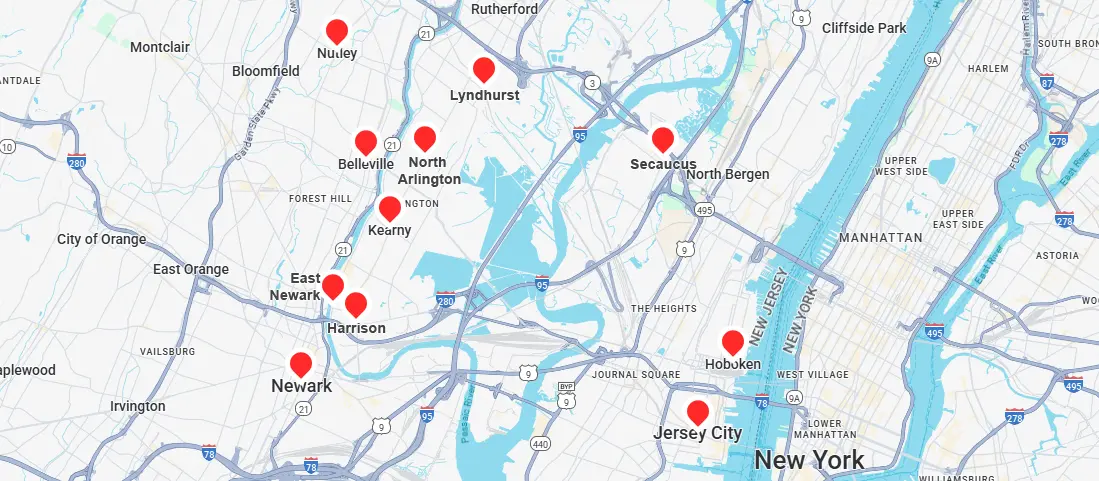 Map highlighting Kearny NJ and surrounding towns served by Platinum Mobile Force mobile auto detailing