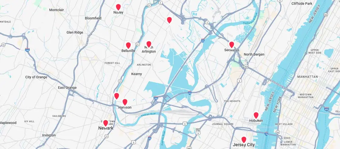 Service area map for Platinum Mobile Force home window tinting in Kearny, NJ