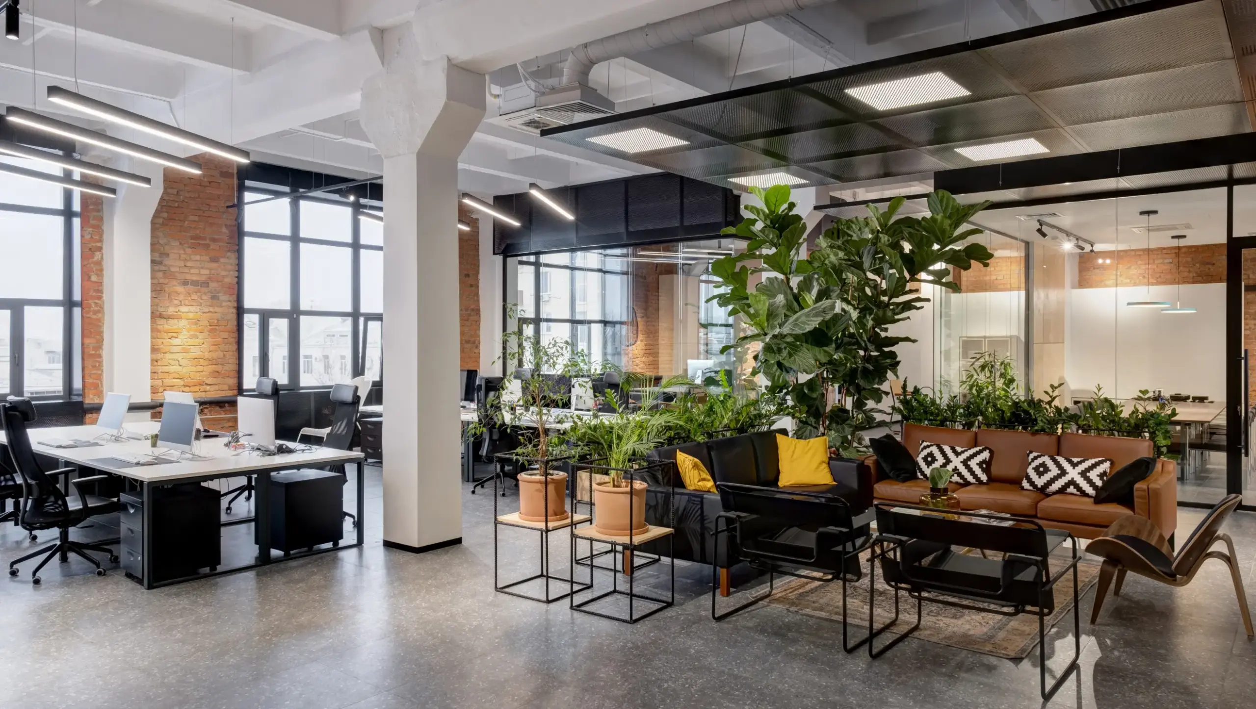Bright modern business interior with expansive glass