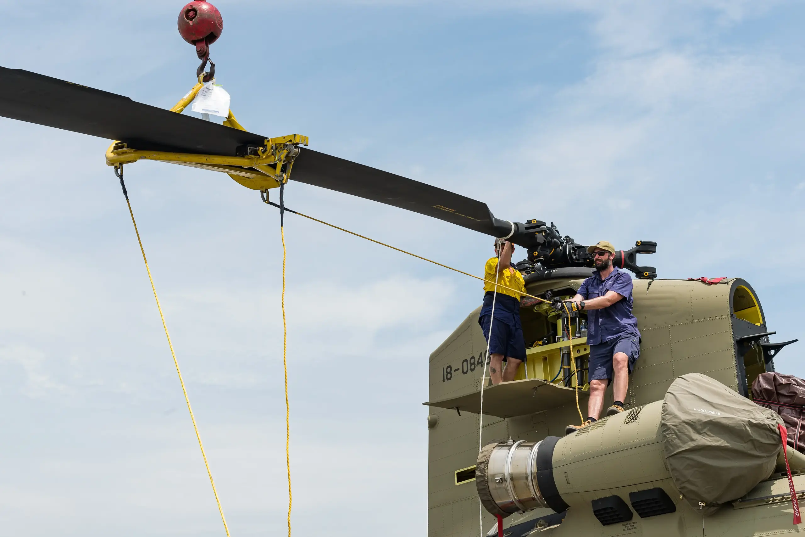 Military CH-47F Chinook helicopter rotor blade during maintenance