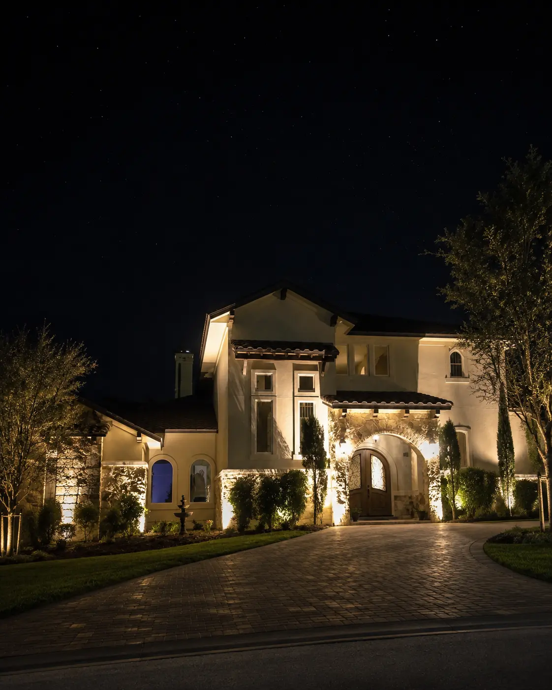 Warm landscape lighting highlights the stone facade, arched entrance, trees, and manicured landscaping of a Mediterranean-style home.