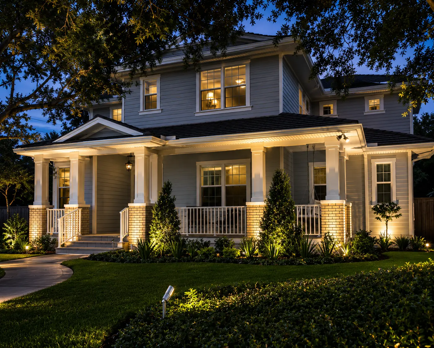 Warm landscape lighting highlights a two-story craftsman home, front porch, trees, and manicured lawn in Austin, TX.