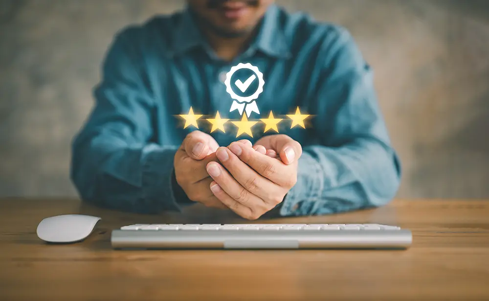 Man putting his hand out with a "five stars" icon above his hand