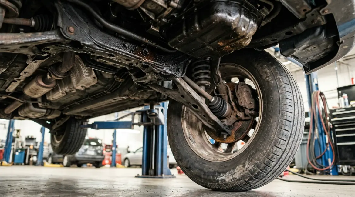 Rendered image of a 1999-2011 Subaru Outback with oil drips under the engine