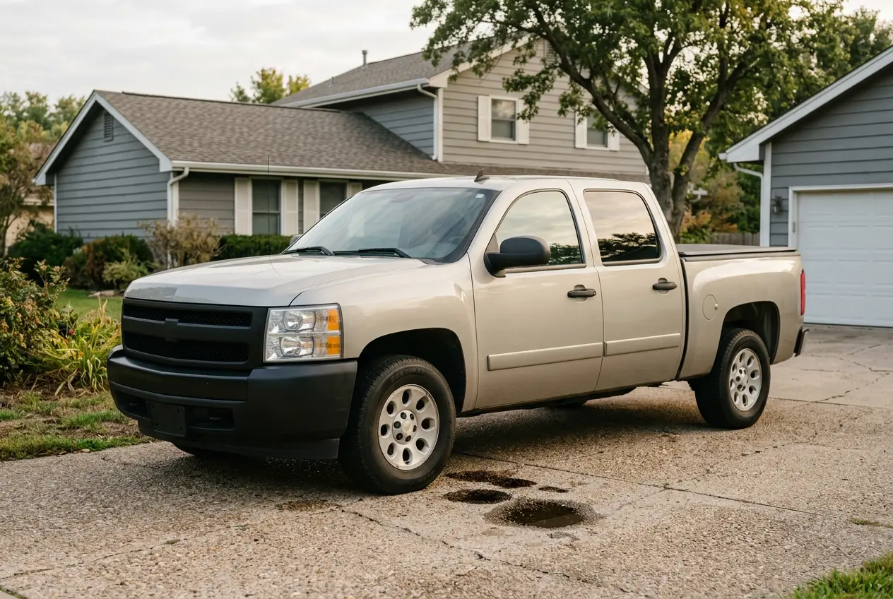 Rendered image of a 2007-2013 Chevrolet Silverado with oil drips under the engine