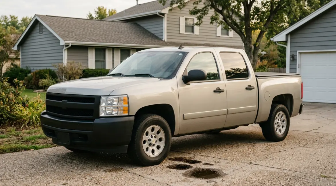 Rendered image of a 2007-2013 Chevrolet Silverado with oil drips under the engine