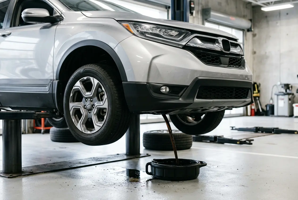 Rendered image of a 2016-2020 Honda CR-V with oil drips under the engine