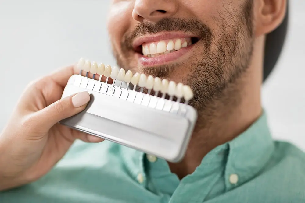 Dentist Matching tooth color with no-prep veneers