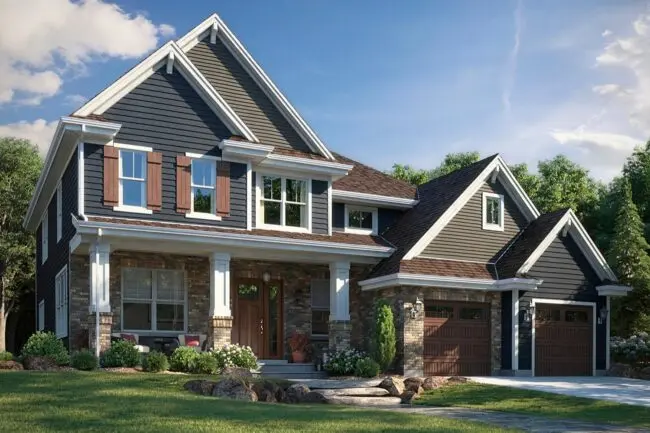 Illustration of a two-story house showcasing a contemporary style with a sloped roof and landscaped front yard.