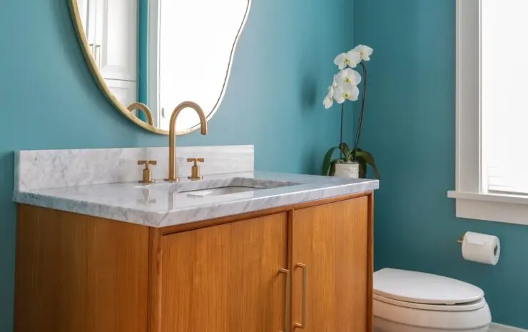 Interior view of a bathroom with blue walls and a white toilet, showcasing a fresh and inviting atmosphere.