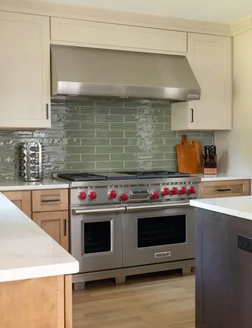 Stainless Steel Wolf Range Hood Green Tile Backsplash Madison WI Sims