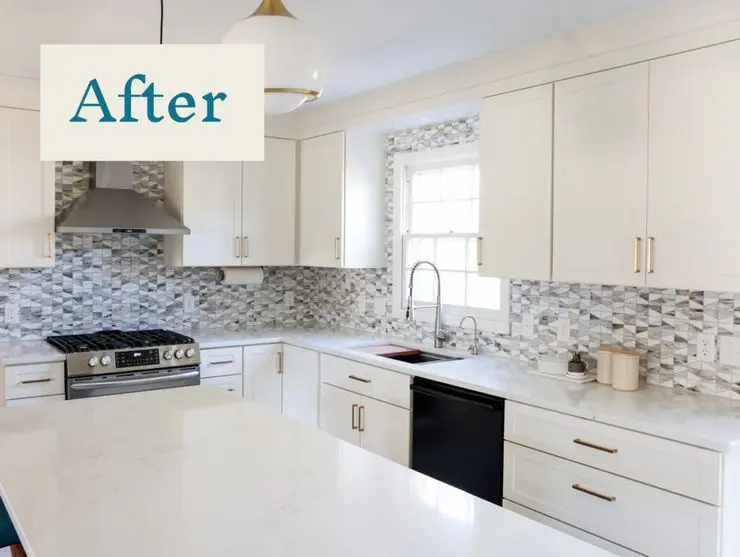 After photo of remodeled kitchen with white cabinets and patterned tile backsplash.
