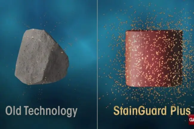 Two images of rocks and a stone labeled "Old Technology" and "Strong Guard Plus," related to roofing services