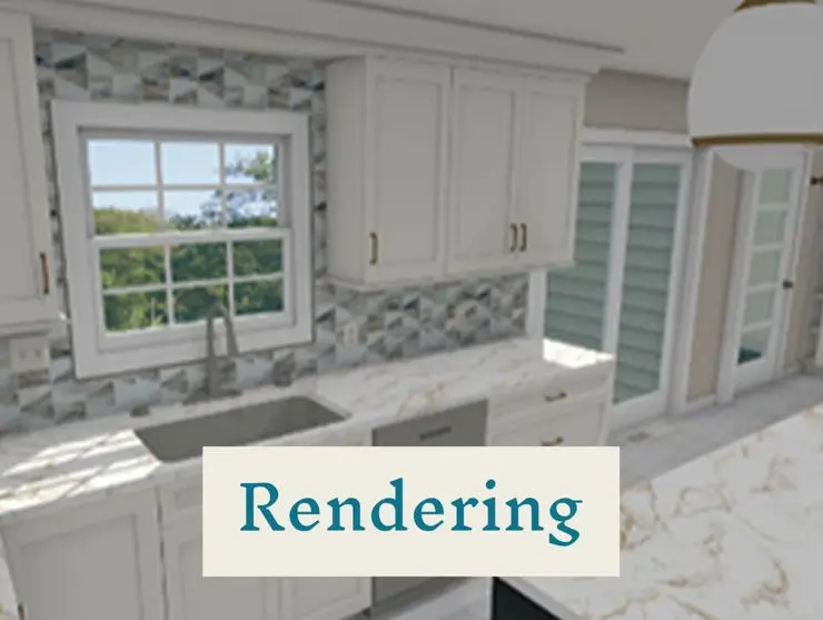 A kitchen rendering displaying sleek white cabinets and countertops, emphasizing a contemporary and spacious layout.