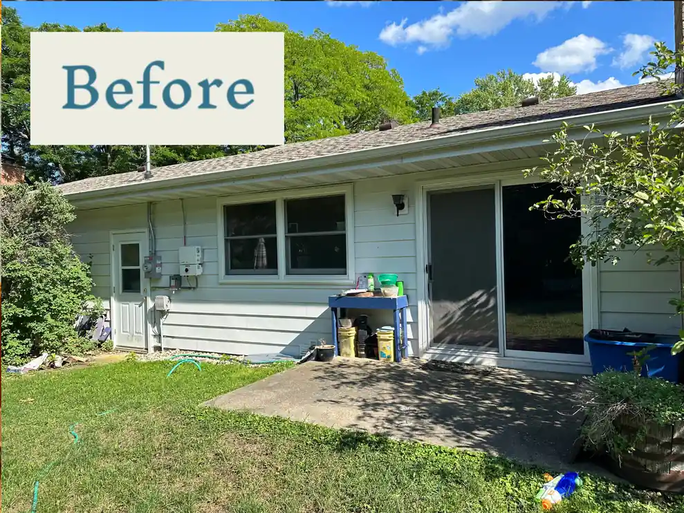Visual comparison of a home, displaying the enhancements made to the patio and yard in the after image.