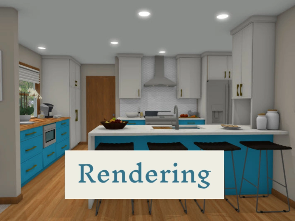 Kitchen rendering featuring blue cabinets and white countertops, showcasing a modern and stylish design.