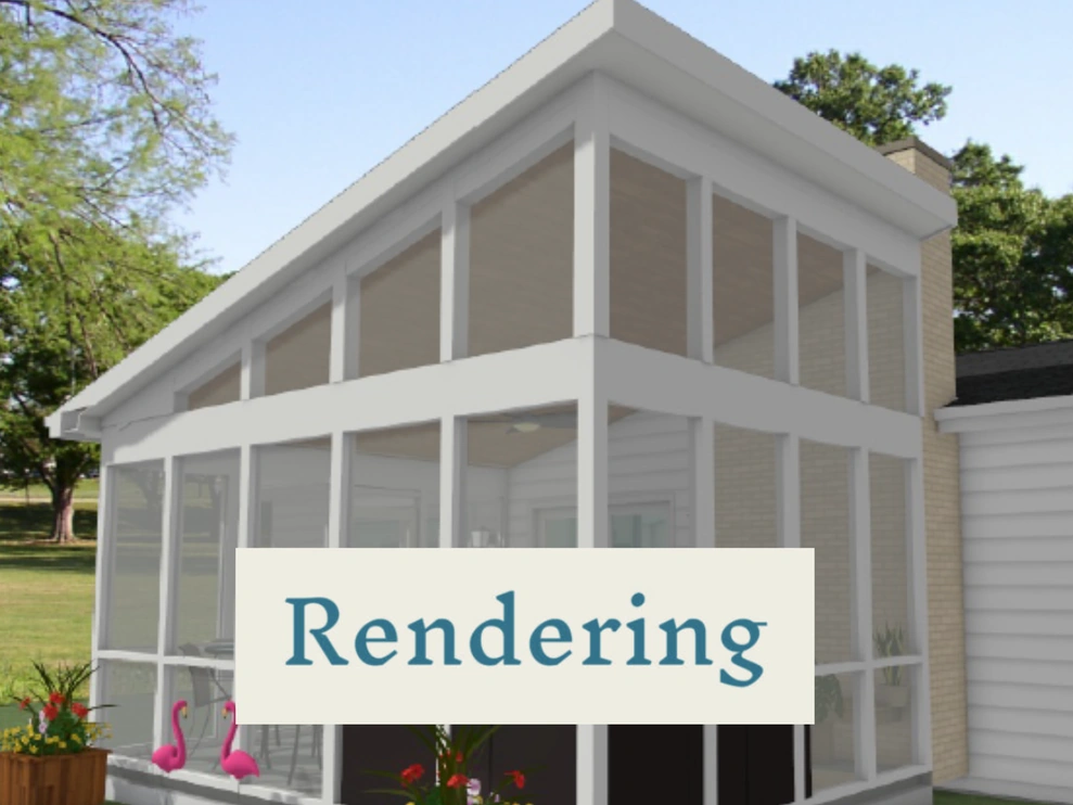 A sunroom featuring large windows, a cozy patio, and a sparkling pool in a serene outdoor setting.