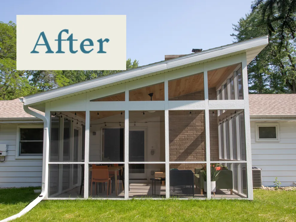 A screened porch featuring "before" and "after" captions, showcasing the improvements achieved through renovation