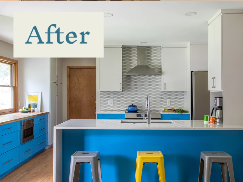 Before and after images showcasing a kitchen remodel, highlighting significant design and aesthetic improvements.