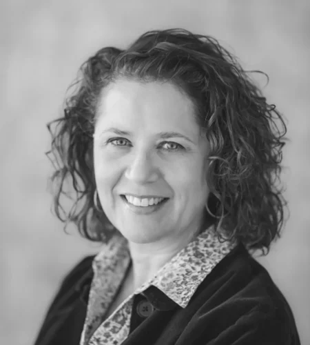 A black and white portrait of Vicki Zagrodnik