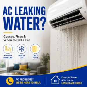 **Alt text:** Wall-mounted air conditioner leaking water inside a home, highlighting common causes such as a clogged drain line, frozen coil, and dirty air filter.